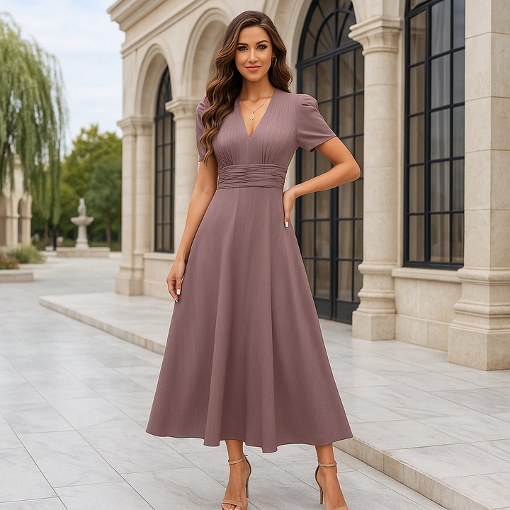 Damen Maxi-Abendkleid – V-Ausschnitt, Puffärmel & Welliger Rock