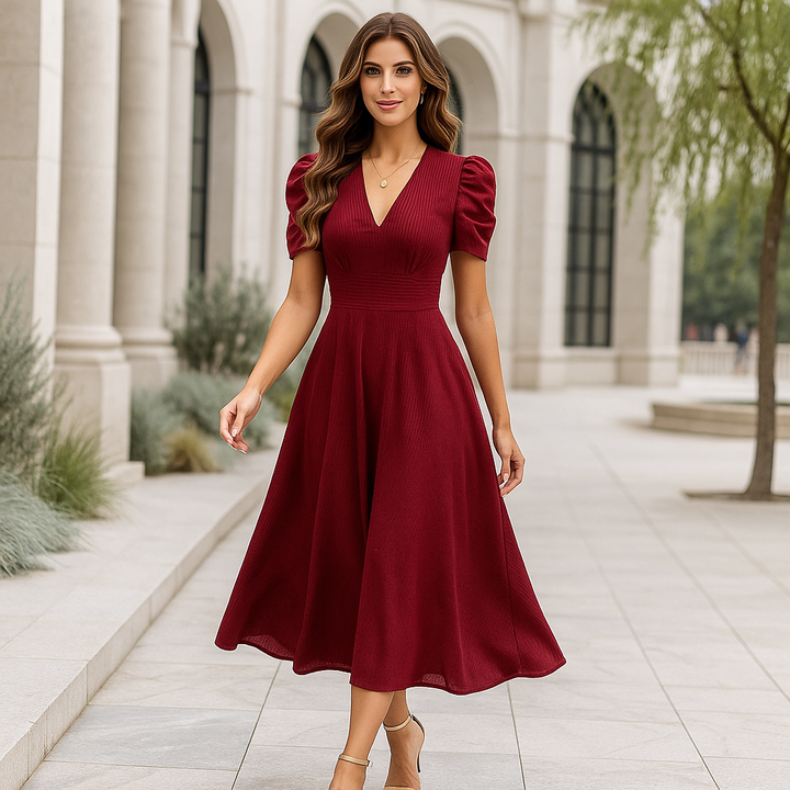 Damen Maxi-Abendkleid – V-Ausschnitt, Puffärmel & Welliger Rock