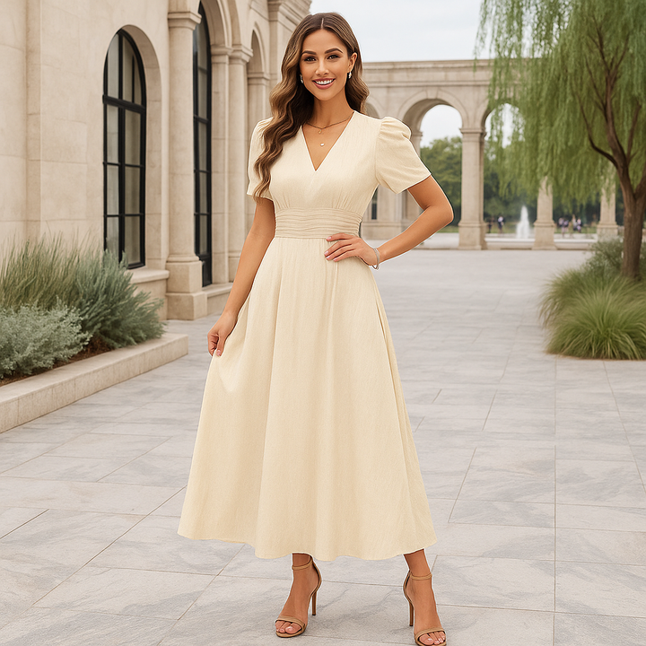 Damen Maxi-Abendkleid – V-Ausschnitt, Puffärmel & Welliger Rock