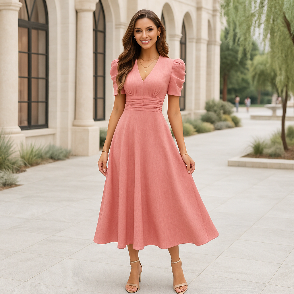 Damen Maxi-Abendkleid – V-Ausschnitt, Puffärmel & Welliger Rock