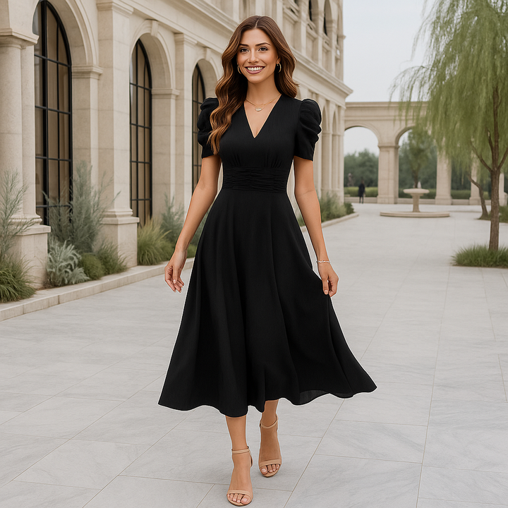 Damen Maxi-Abendkleid – V-Ausschnitt, Puffärmel & Welliger Rock