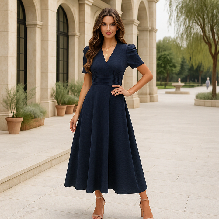 Damen Maxi-Abendkleid – V-Ausschnitt, Puffärmel & Welliger Rock