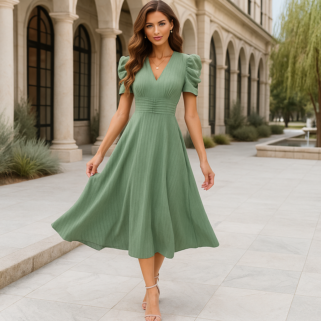 Damen Maxi-Abendkleid – V-Ausschnitt, Puffärmel & Welliger Rock