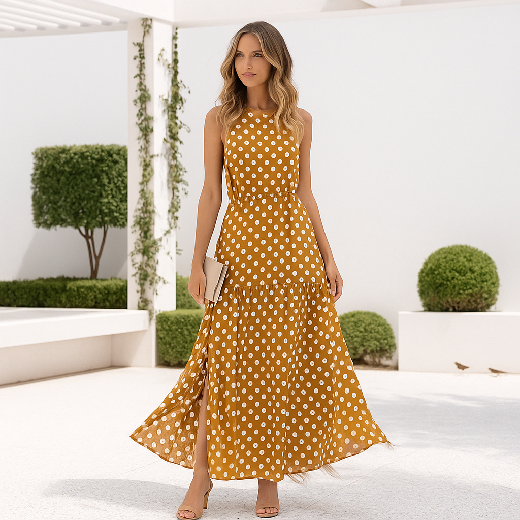 Damen Maxi-Abendkleid – Tupfenmuster, Ärmellos & Zeitlos Elegant