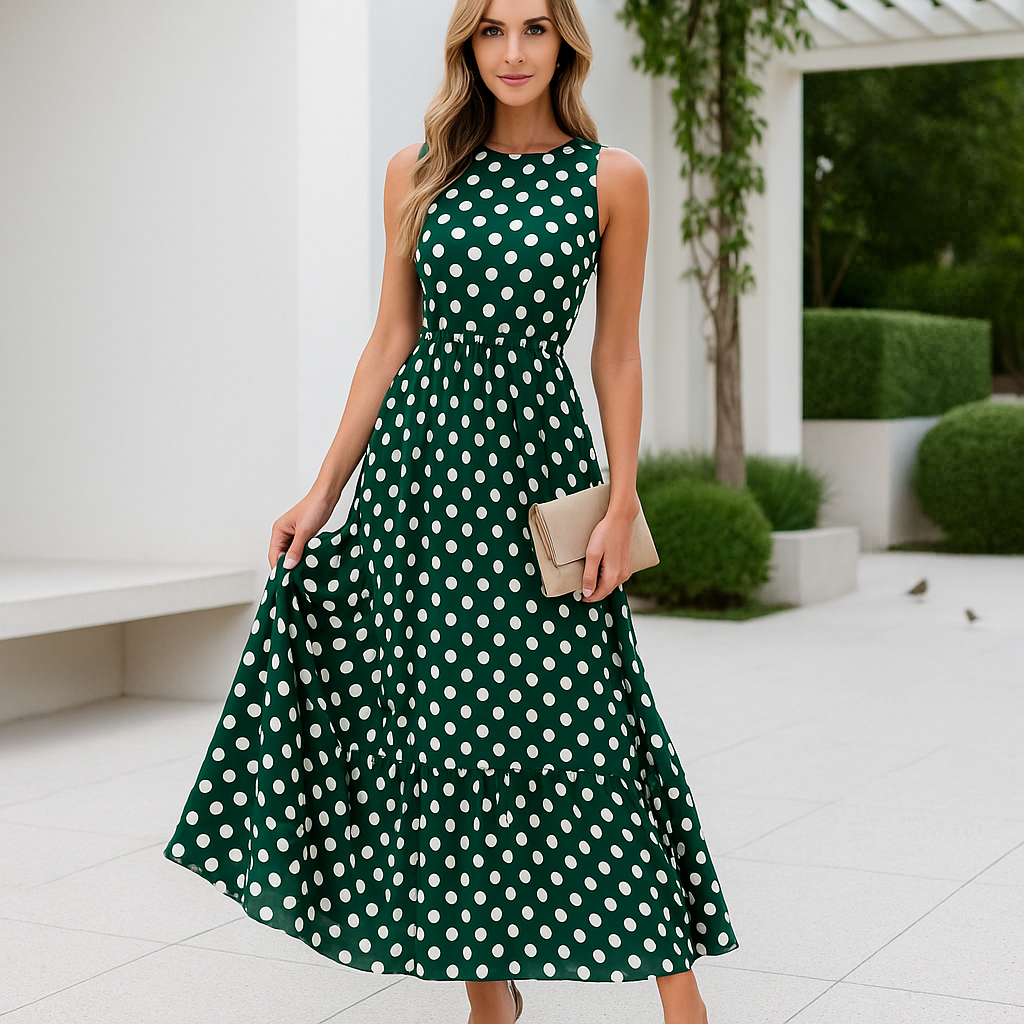 Damen Maxi-Abendkleid – Tupfenmuster, Ärmellos & Zeitlos Elegant