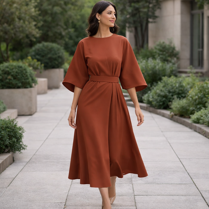 Paulien | Damen Midi-Kleid – Gürtel, Dreiviertellärmel & Zeitlos Elegant