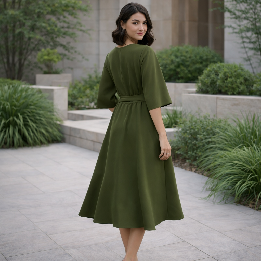 Paulien | Damen Midi-Kleid – Gürtel, Dreiviertellärmel & Zeitlos Elegant