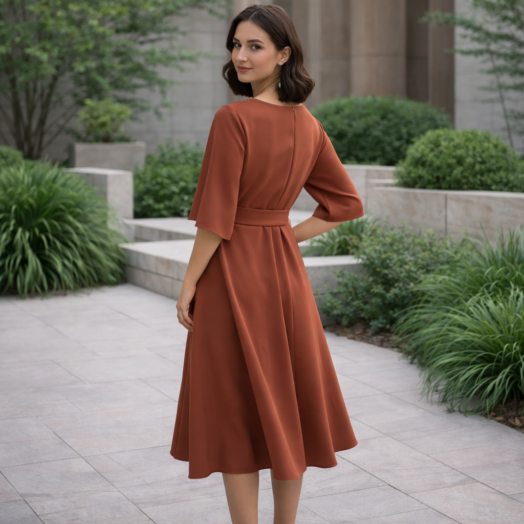 Paulien | Damen Midi-Kleid – Gürtel, Dreiviertellärmel & Zeitlos Elegant