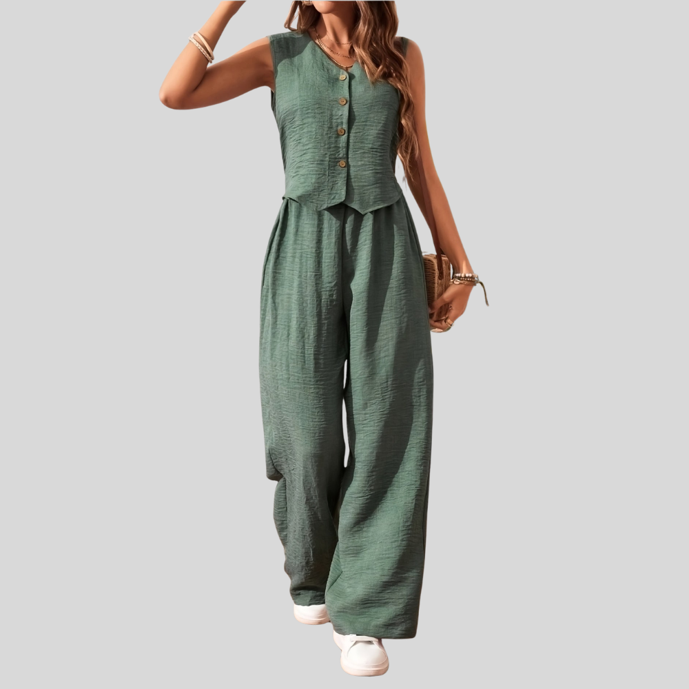 Damen Eleganter Zweiteiler Jumpsuit mit Weste und Weiten Hosen – Freizeit & Sommer Outfit