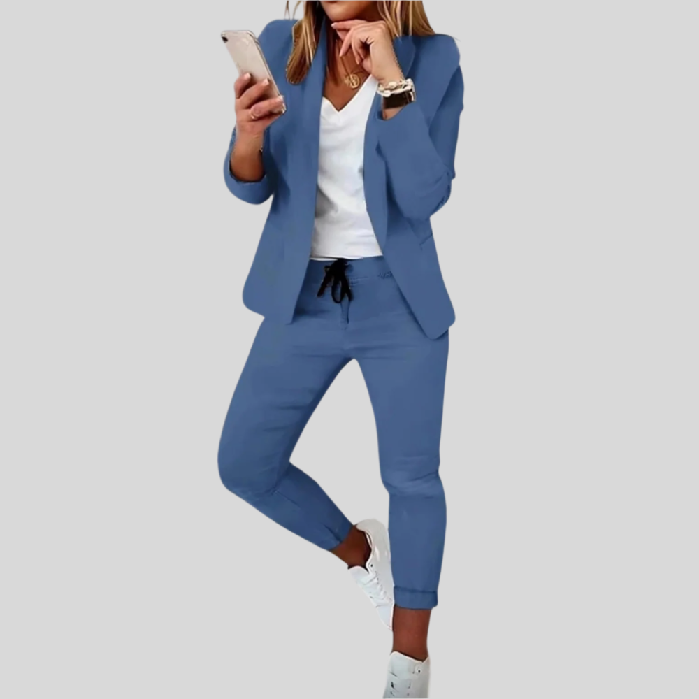 Damen Zweiteiler-Set | Taillierter Blazer, Hose Mit Tunnelzug, Schmale Passform & Moderner Business-Casual-Stil