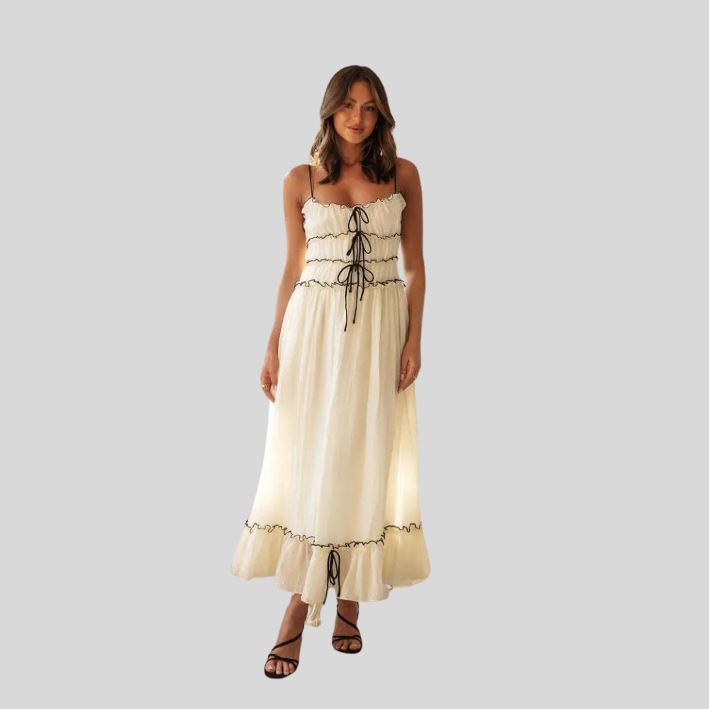 Damen Maxi-Kleid | Bindedetail Vorne, Gesmokte Taille, Volantsaum & Romantischer Sommerstil