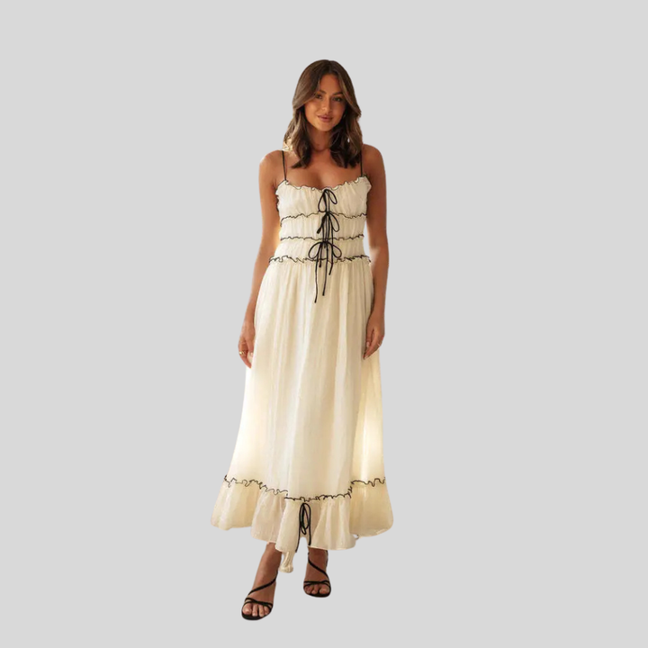 Damen Maxi-Kleid | Bindedetail Vorne, Gesmokte Taille, Volantsaum & Romantischer Sommerstil