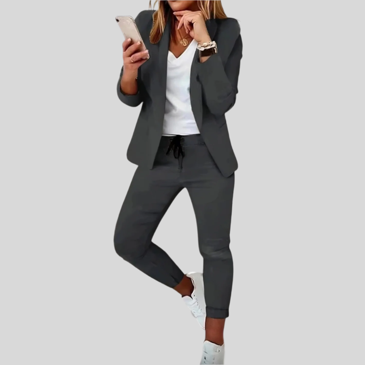 Damen Zweiteiler-Set | Taillierter Blazer, Hose Mit Tunnelzug, Schmale Passform & Moderner Business-Casual-Stil