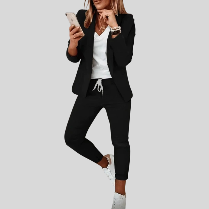 Damen Zweiteiler-Set | Taillierter Blazer, Hose Mit Tunnelzug, Schmale Passform & Moderner Business-Casual-Stil