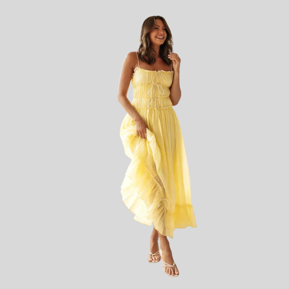 Damen Maxi-Kleid | Bindedetail Vorne, Gesmokte Taille, Volantsaum & Romantischer Sommerstil