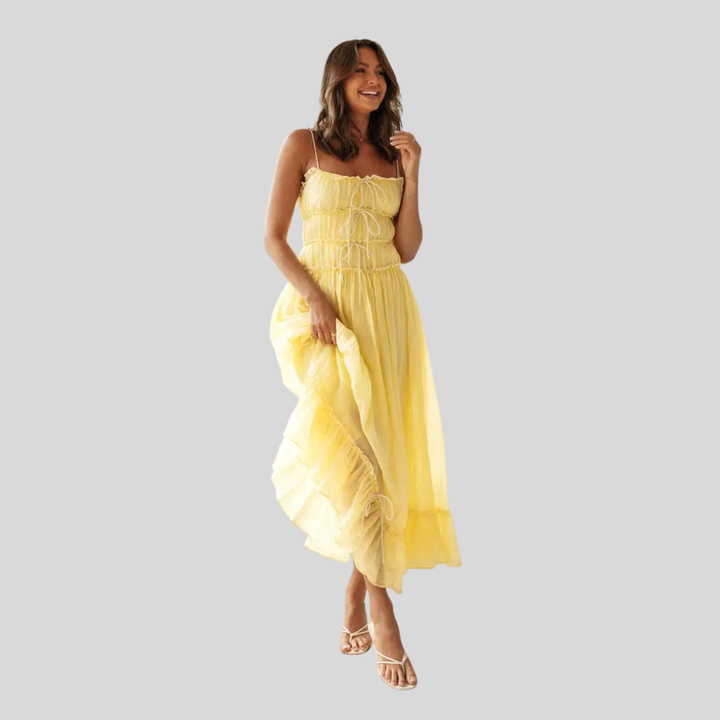 Damen Maxi-Kleid | Bindedetail Vorne, Gesmokte Taille, Volantsaum & Romantischer Sommerstil