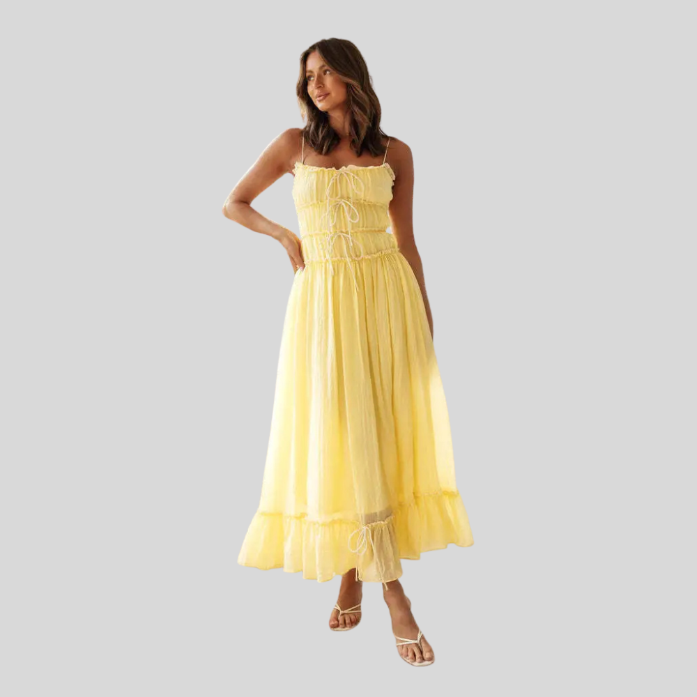 Damen Maxi-Kleid | Bindedetail Vorne, Gesmokte Taille, Volantsaum & Romantischer Sommerstil