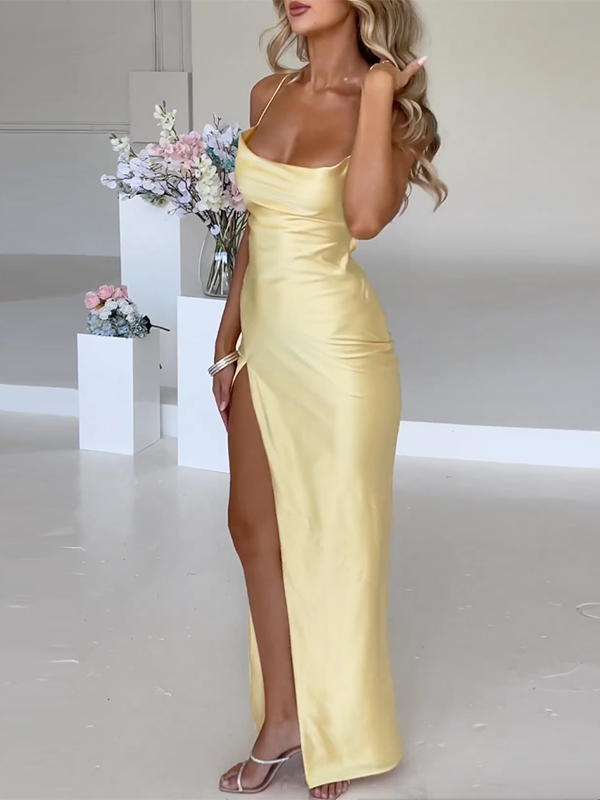 Damen Satin Maxi-Abendkleid – Seitenschlitz, Dünne Träger & Figurbetonend