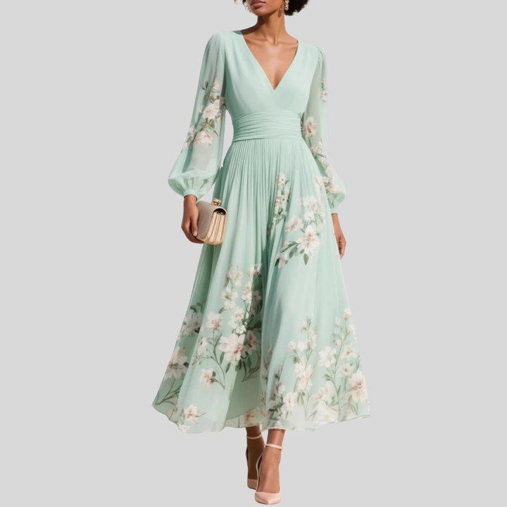 Damen Midi-Kleid | Blumenmuster, V-Ausschnitt, Puffärmel & Eleganter Festlicher Stil