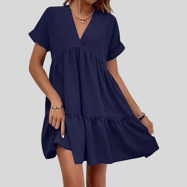 Damen Mini-Kleid | V-Ausschnitt, Volantsaum, Lockerer Schnitt & Luftiger Sommerstil