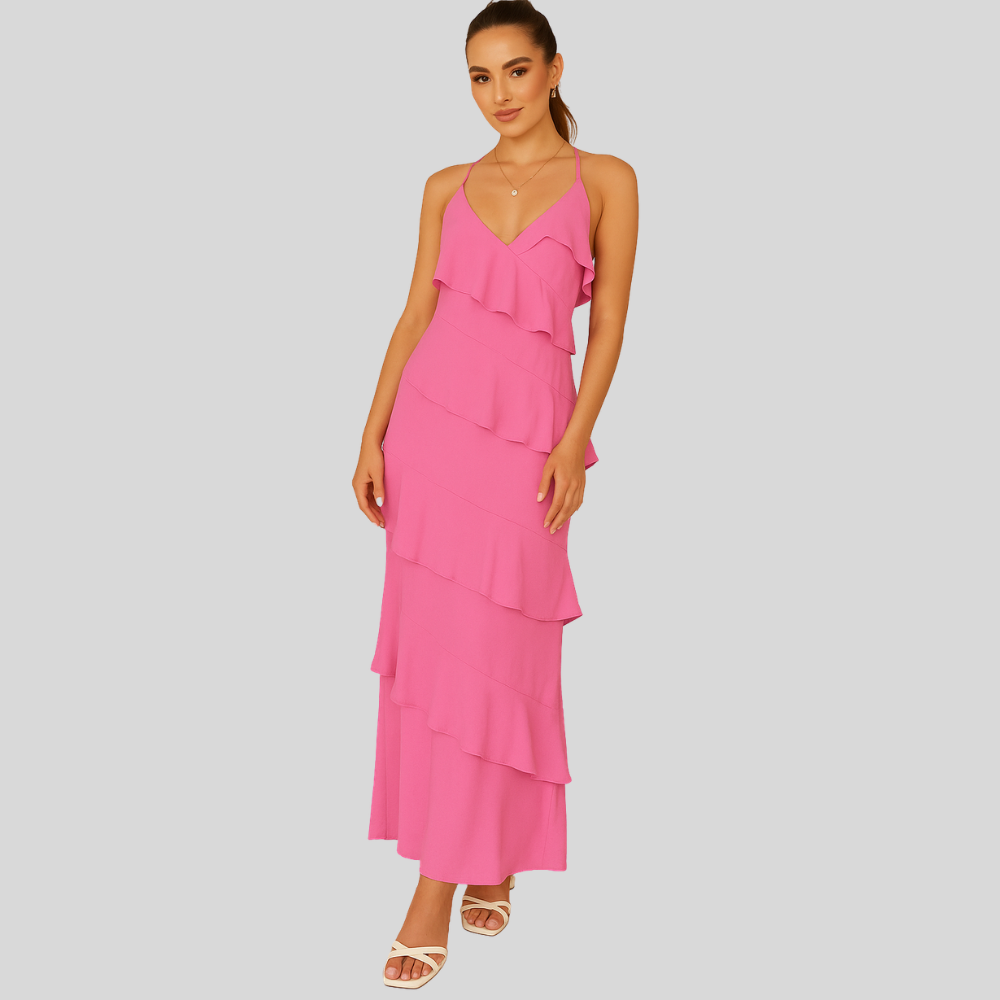 Damen Maxi-Kleid | Volantdesign, Spaghettiträger, Fliessende Silhouette & Sommerlich Eleganter Stil