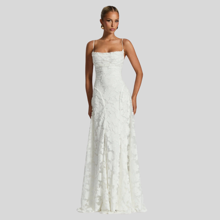 Damen Abend-Maxikleid | Florale Struktur, Spaghettiträger, A-Linien-Schnitt & Eleganter Festlicher Stil