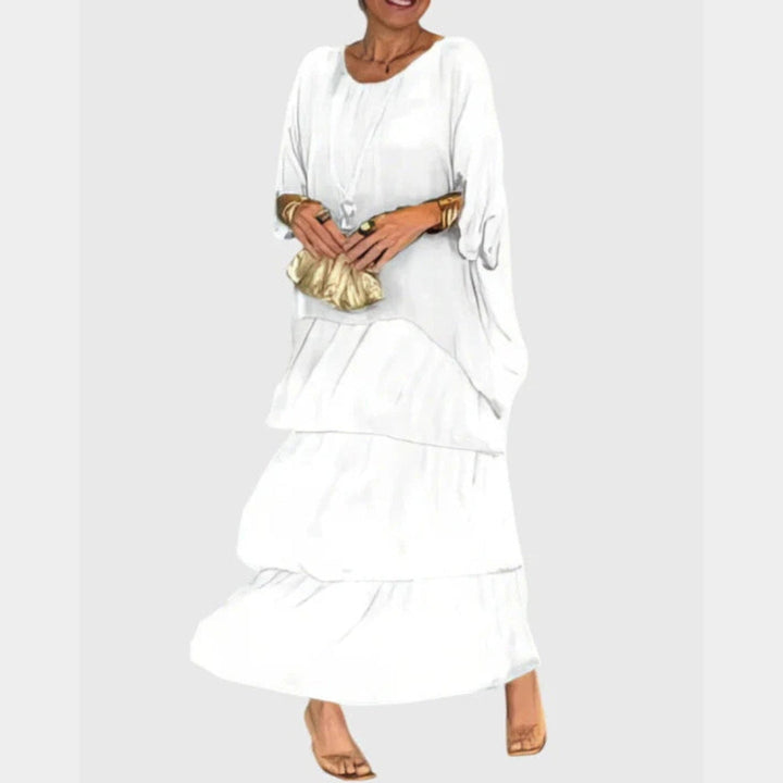 Damen Maxi-Kleid | Lagenlook-Design, Farbverlauf-Muster, Fliessende Silhouette & Künstlerisch Eleganter Stil