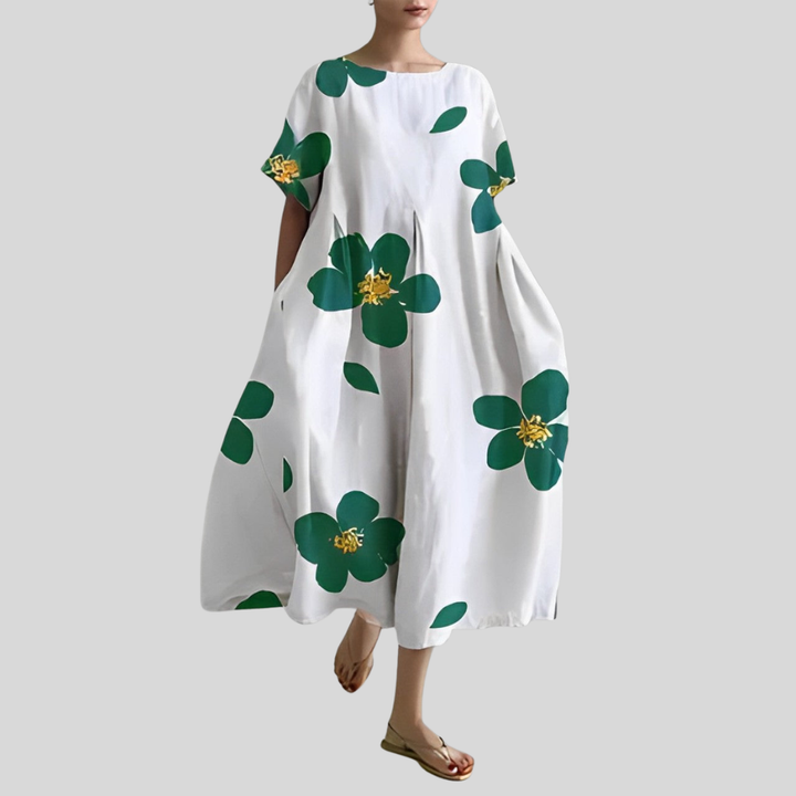 Damen Midi-Kleid | Abstrakter Blumenprint, Lockerer Schnitt, Kurzarm & Künstlerisch Modernes Design