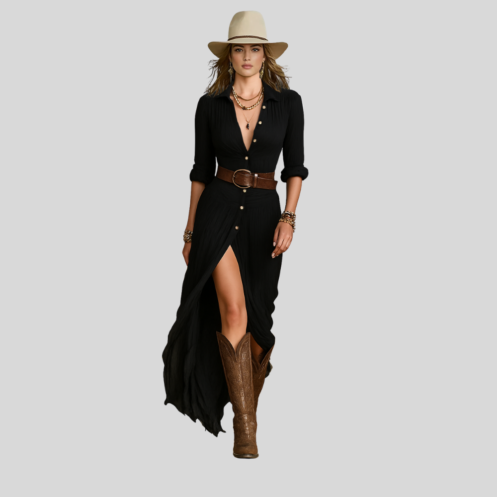 Damen Maxi-Hemdkleid | Taillengürtel, Seitenschlitz, Langarm-Design & Boho Sommerstil