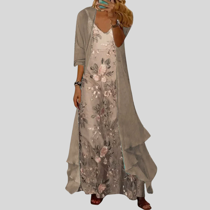 Damen Maxi-Kleid | Blumenmuster, V-Ausschnitt, Fliessende Silhouette & Elegant Für Besondere Anlaesse