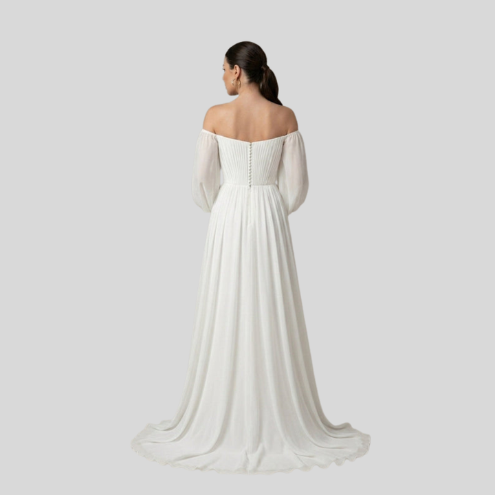 Damen Braut-Maxikleid | Off-Shoulder-Ausschnitt, Plissiertes Oberteil, Fliessende Silhouette & Zeitlose Romantische Eleganz