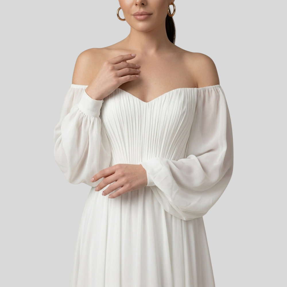 Damen Braut-Maxikleid | Off-Shoulder-Ausschnitt, Plissiertes Oberteil, Fliessende Silhouette & Zeitlose Romantische Eleganz