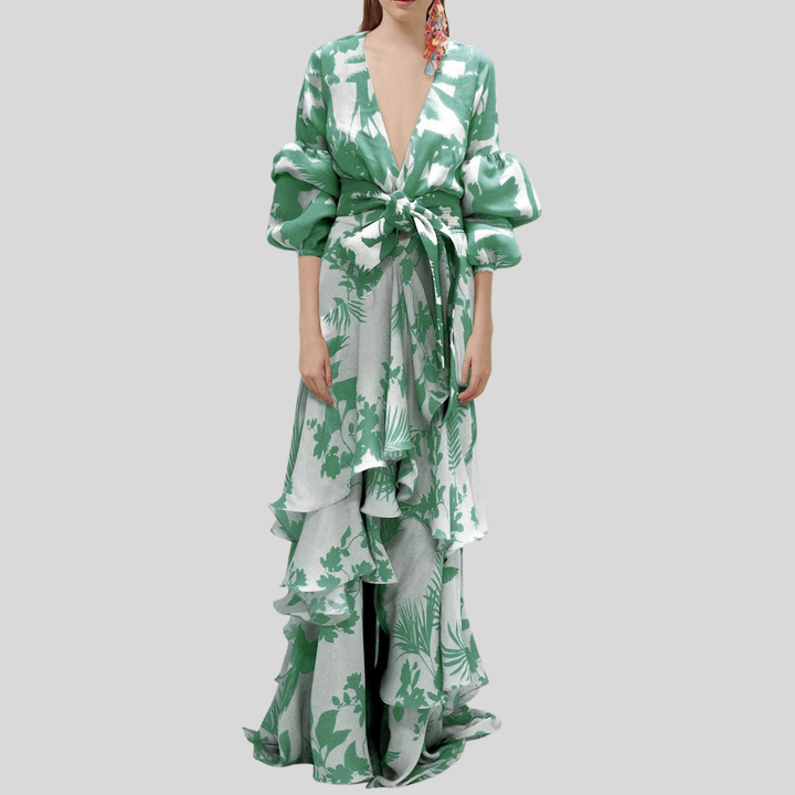 Damen Maxi-Wickelkleid | Tiefes V-Dekolleté, Volumenärmel, Volantstufen & Festlich Eleganter Stil