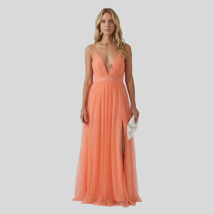 Damen Abend-Maxikleid | Tiefer V-Ausschnitt, Plissierter Rock, Seitenschlitz & Eleganter Gala-Stil