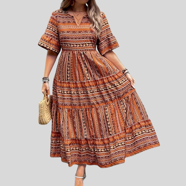 Damen Maxi-Kleid | Ethnomuster, Volantstufen, Langarmdesign & Boho Sommerstil