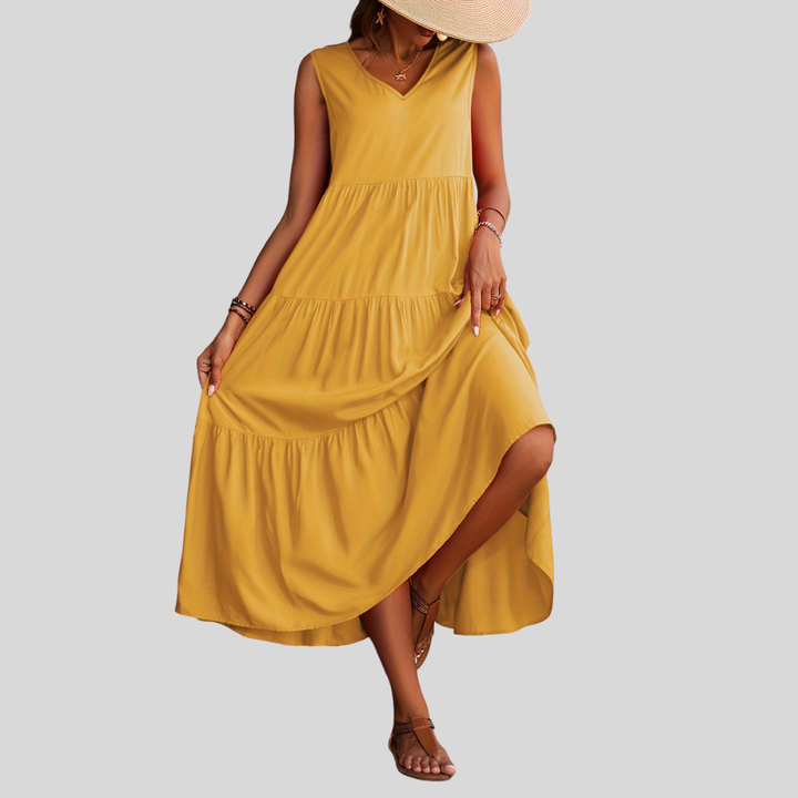Damen Maxi-Kleid | Ärmelloses Design, V-Ausschnitt, Stufenrock & Sommerlich Eleganter Stil