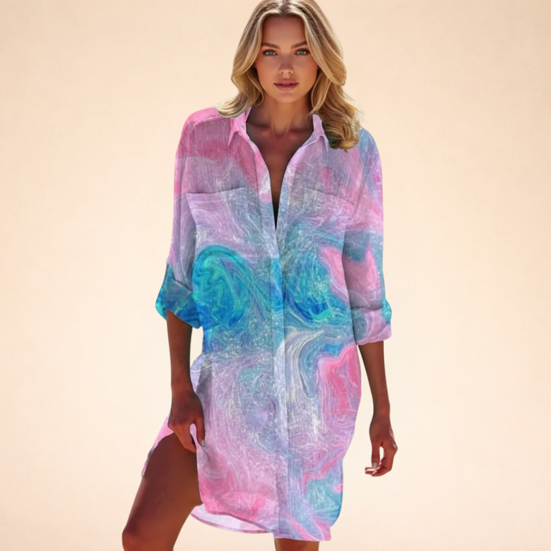 Damen Strand Hemdblusenkleid | Batik Print – Lockerer Schnitt, Knopfleiste & Sommerlicher Beach Style