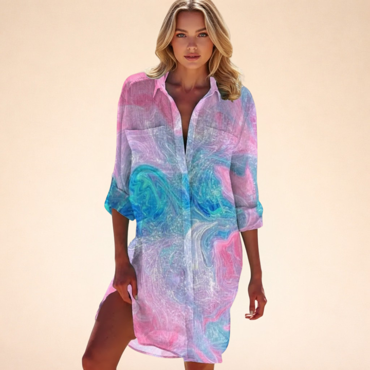 Damen Strand Hemdblusenkleid | Batik Print – Lockerer Schnitt, Knopfleiste & Sommerlicher Beach Style