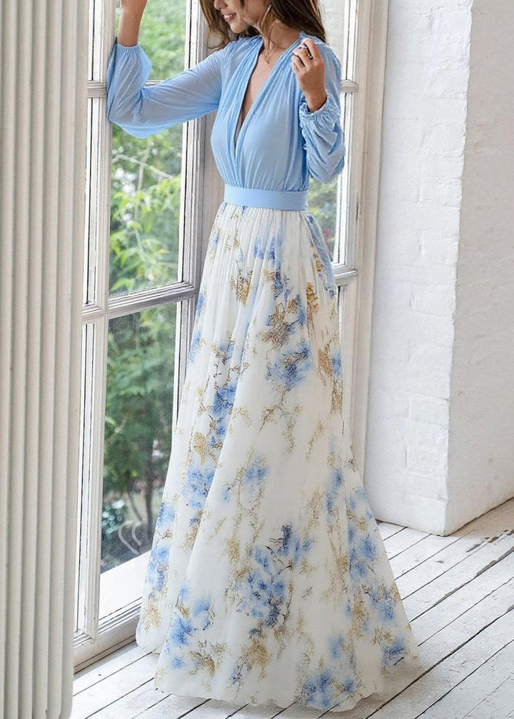 Damen Maxi-Abendkleid – V-Ausschnitt, Blumiger Saum & Transparente Ärmel