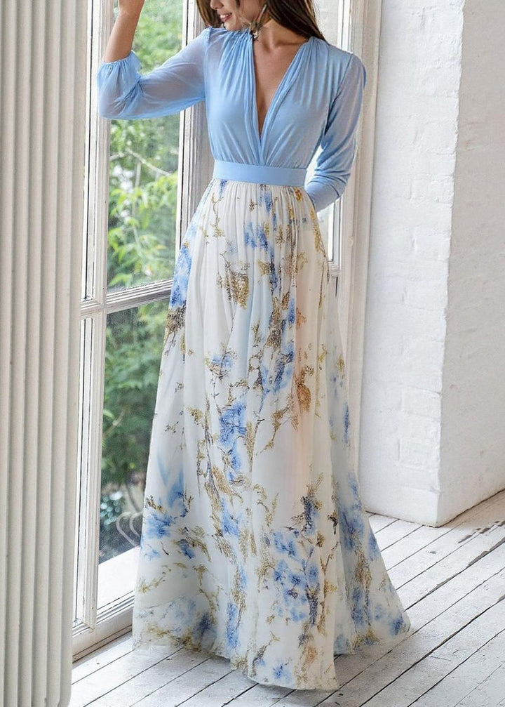 Damen Maxi-Abendkleid – V-Ausschnitt, Blumiger Saum & Transparente Ärmel