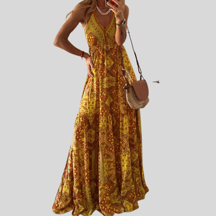 Damen Maxi-Kleid | V-Ausschnitt, Ärmelloses Design, Boho-Muster & Fliessende Sommer-Eleganz