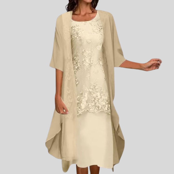 Damen Midikleid | Spitzenbesatz, Offener Überwurf, Fliessende Silhouette & Festlich Eleganter Stil
