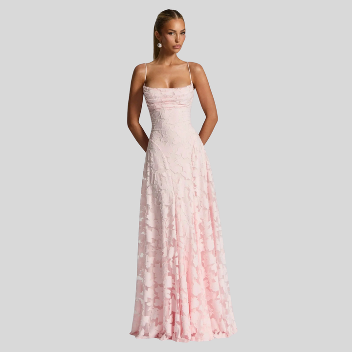 Damen Abend-Maxikleid | Florale Struktur, Spaghettiträger, A-Linien-Schnitt & Eleganter Festlicher Stil