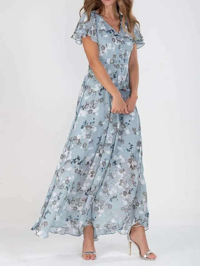 Damen Blumen-Maxikleid | V-Ausschnitt – Rüschenärmel, Fliessender Schnitt & Sommerlich Elegant