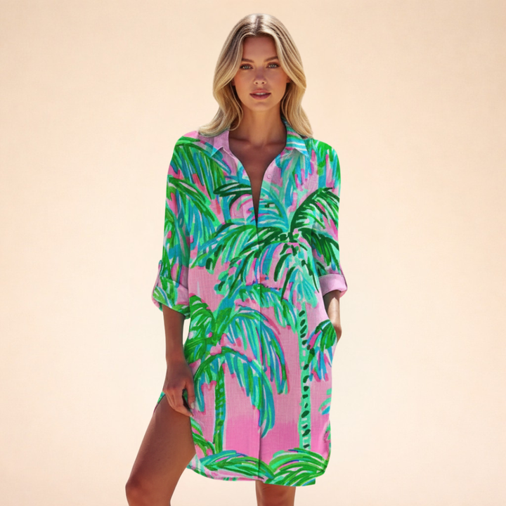 Damen Strand Hemdblusenkleid | Batik Print – Lockerer Schnitt, Knopfleiste & Sommerlicher Beach Style