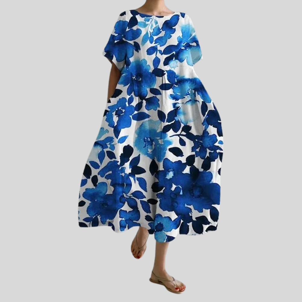 Damen Midi-Kleid | Abstrakter Blumenprint, Lockerer Schnitt, Kurzarm & Künstlerisch Modernes Design