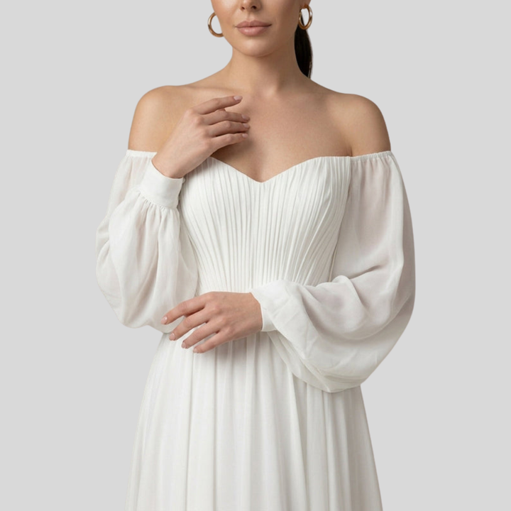 Damen Braut-Maxikleid | Off-Shoulder-Ausschnitt, Plissiertes Oberteil, Fliessende Silhouette & Zeitlose Romantische Eleganz