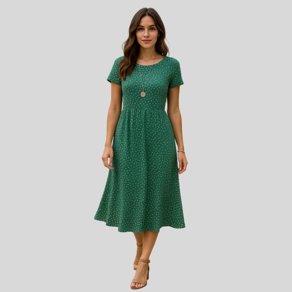 Damen Midi-Kleid | Punktmuster, Lockerer Schnitt, Kurzarm & Lässiger Sommerlicher Stil