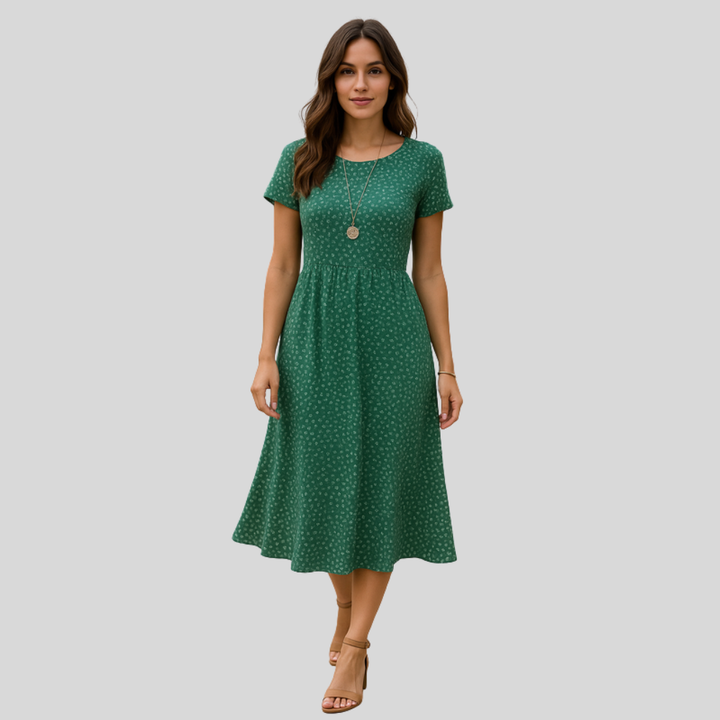 Damen Midi-Kleid | Punktmuster, Lockerer Schnitt, Kurzarm & Lässiger Sommerlicher Stil