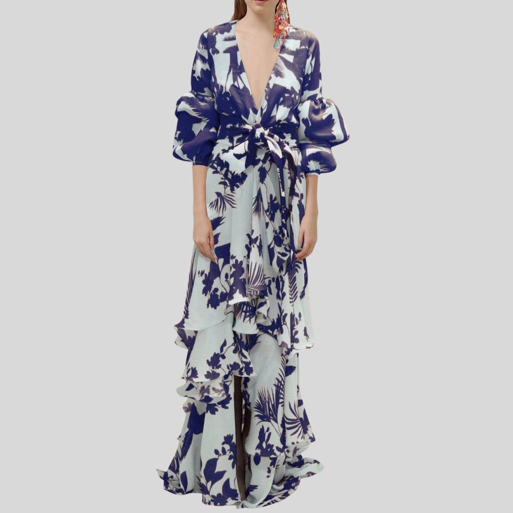 Damen Maxi-Wickelkleid | Tiefes V-Dekolleté, Volumenärmel, Volantstufen & Festlich Eleganter Stil